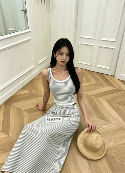 假兩件條紋罩杯長裙套裝5