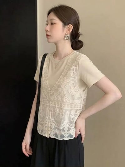 短袖T恤＋V領立體刺繡背心套裝5