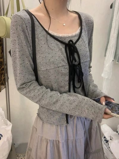 甜美波點吊帶背心＋綁帶罩衫兩件套5