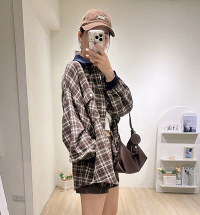 燈芯絨撞色領格紋襯衫4
