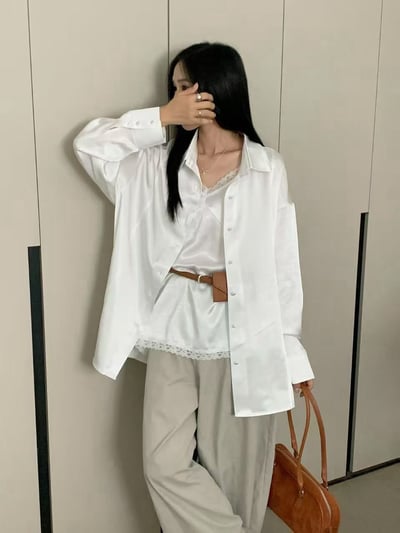緞面光澤包釦長袖襯衫5