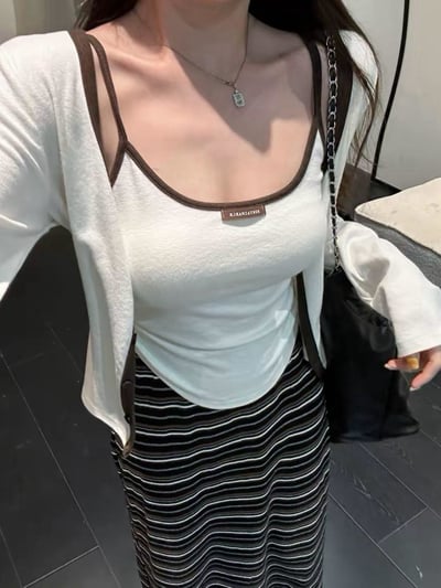 小標配色邊上衣+外套兩件套7