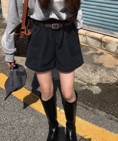 翻邊口袋鬆緊絨布短褲(附皮帶）2