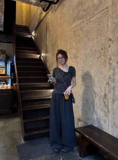 橫條紋單肩扭結短袖棉上衣2