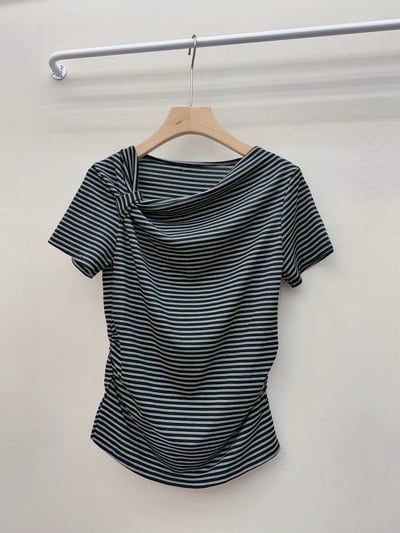 橫條紋單肩扭結短袖棉上衣8