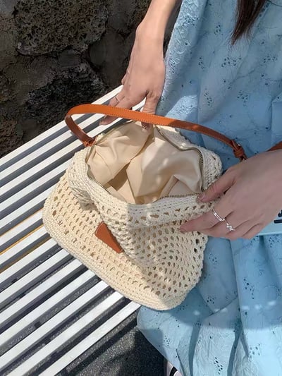 夏日鏤空草編包拉鍊款編織包5