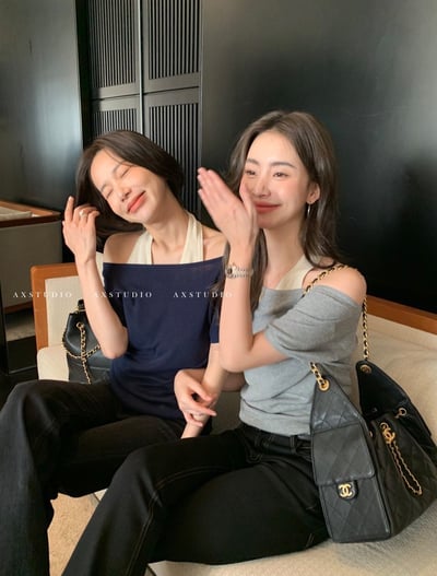 法式掛脖假兩件亞麻混紡衫1
