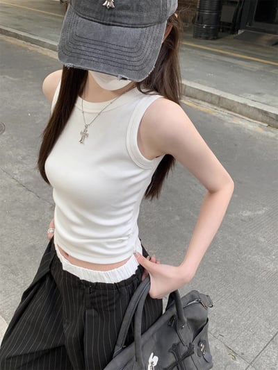 圓領工字抓皺修身吊帶背心4