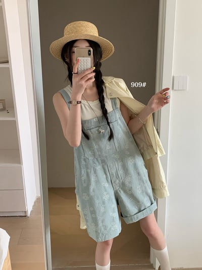 可調節肩帶印花牛仔吊帶褲1