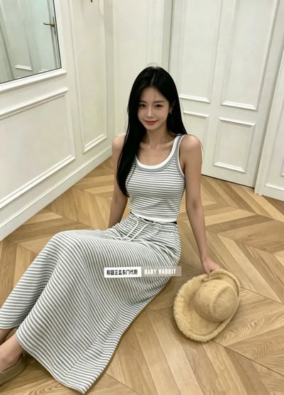 假兩件條紋罩杯長裙套裝7