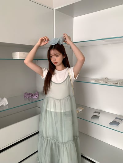 可愛木耳邊紗裙吊帶洋裝4