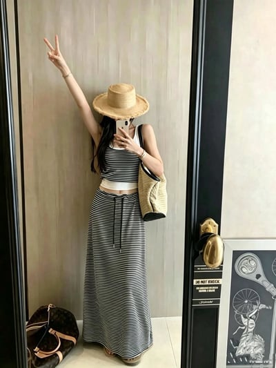 假兩件條紋罩杯長裙套裝3