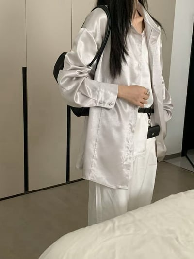 緞面光澤包釦長袖襯衫11