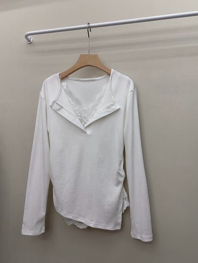 蕾絲拼接假兩件V領長袖上衣8