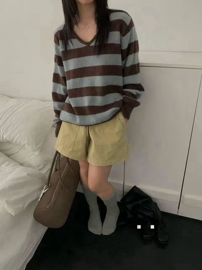 撞色V領條紋毛衣3
