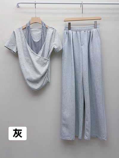 掛脖交叉上衣＋寬褲套裝3