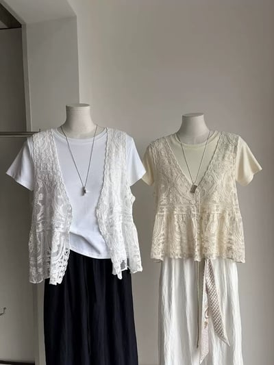 短袖T恤＋V領立體刺繡背心套裝2