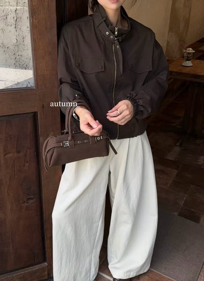 立領扣帶寬鬆短版拉鍊外套5