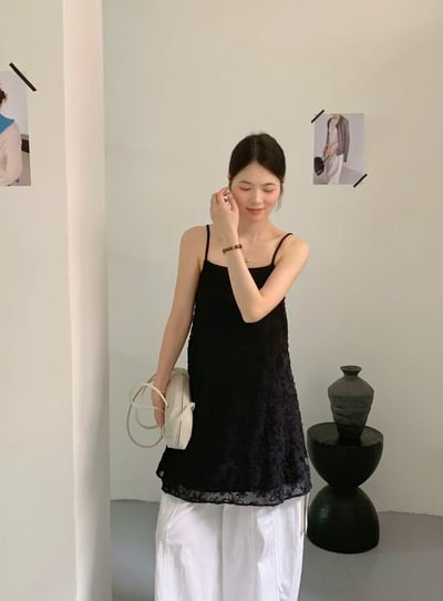 立體網紗花朵短洋裝吊帶裙10