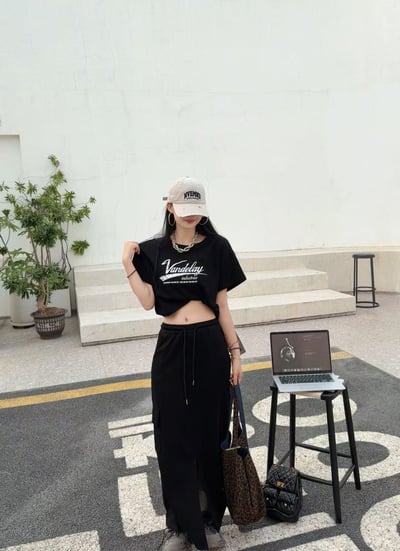 斜肩棉質工裝裙上衣+長裙套裝7
