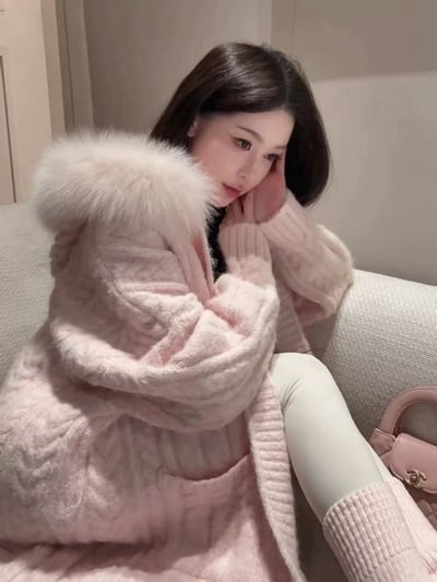 麻花貂毛毛領針織外套3