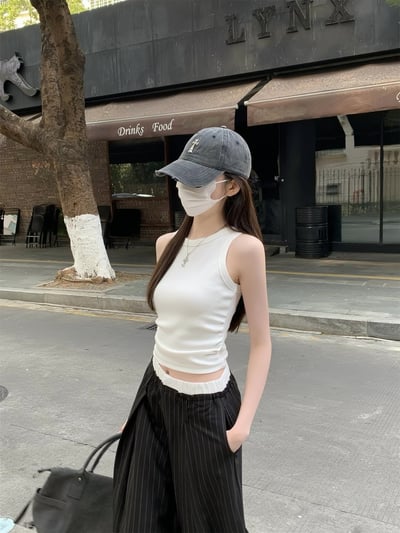 圓領工字抓皺修身吊帶背心7