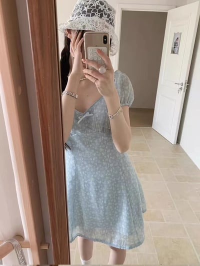 公主袖花花短洋裝12