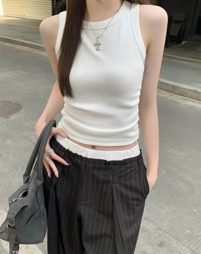 圓領工字抓皺修身吊帶背心5
