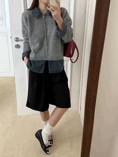拚接牛仔拉鍊毛衣2