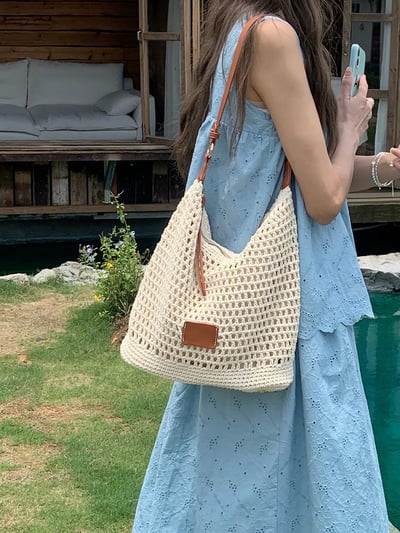 夏日鏤空草編包拉鍊款編織包7