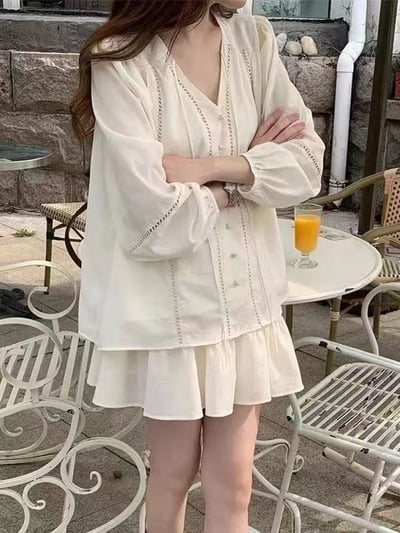 夏日甜美棉麻長袖+短裙套裝1