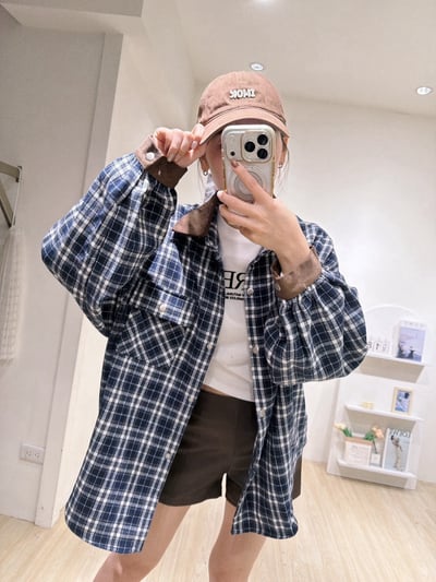 燈芯絨撞色領格紋襯衫5
