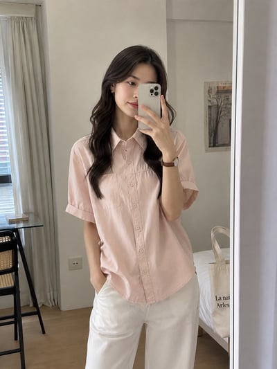 翻領排扣短袖襯衫1