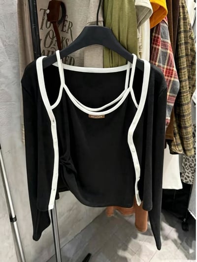 小標配色邊上衣+外套兩件套9