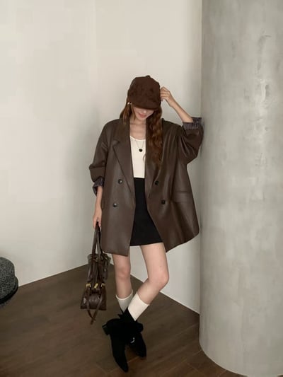 寬鬆翻領皮外套5