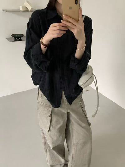 慵懶肌理感寬鬆排釦襯衫9