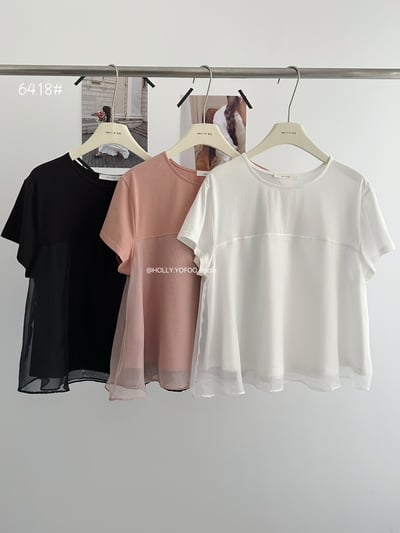 唯美接紗拼接短袖上衣2