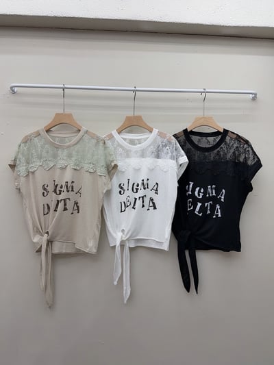 圓領蕾絲字母印花綁帶短袖上衣6