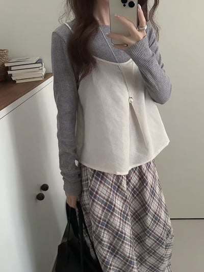 亞麻吊帶背心＋羅紋棉上衣兩件套5