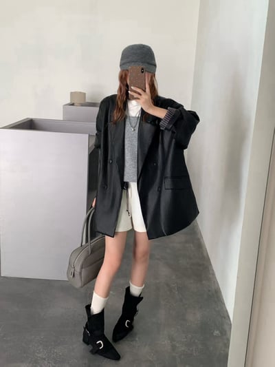寬鬆翻領皮外套4