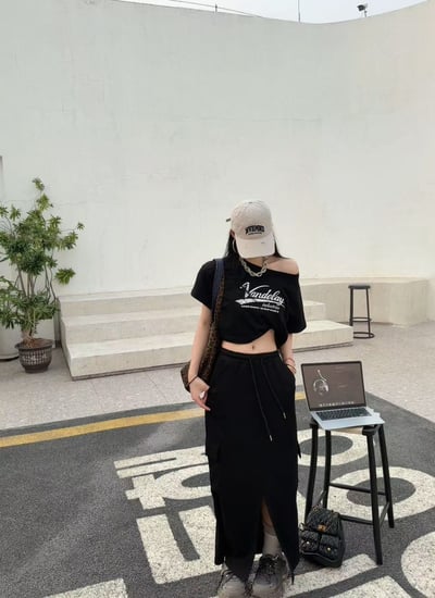 斜肩棉質工裝裙上衣+長裙套裝8