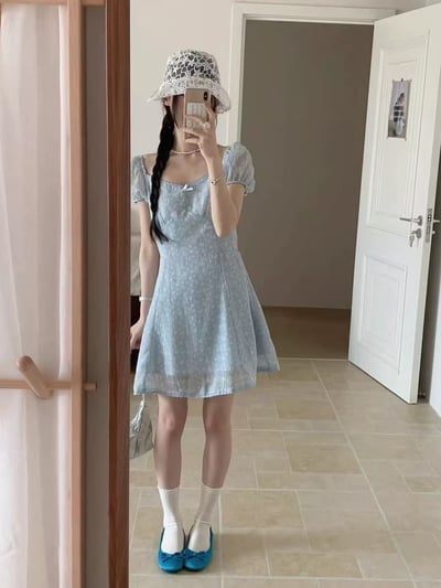 公主袖花花短洋裝13