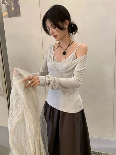 蕾絲吊帶背心+排扣上衣兩件套1