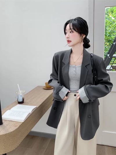 韓系條紋反摺西裝外套2