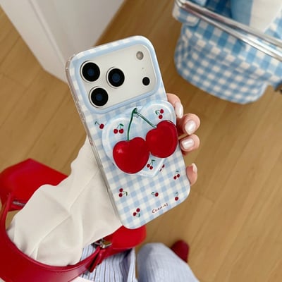 藍格紋櫻桃磁吸支架手機殼｜iPhone 15-17系列5