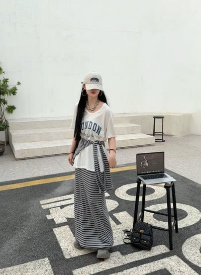 韓系條紋披肩長裙三件套2