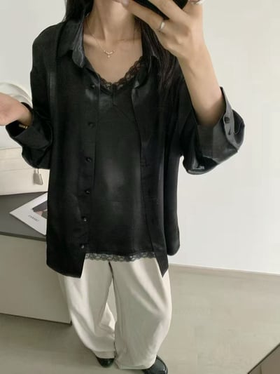 緞面光澤包釦長袖襯衫12