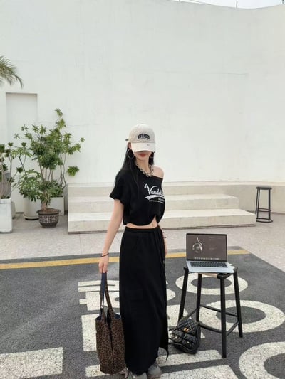 斜肩棉質工裝裙上衣+長裙套裝9