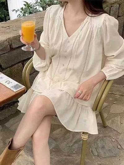 夏日甜美棉麻長袖+短裙套裝2