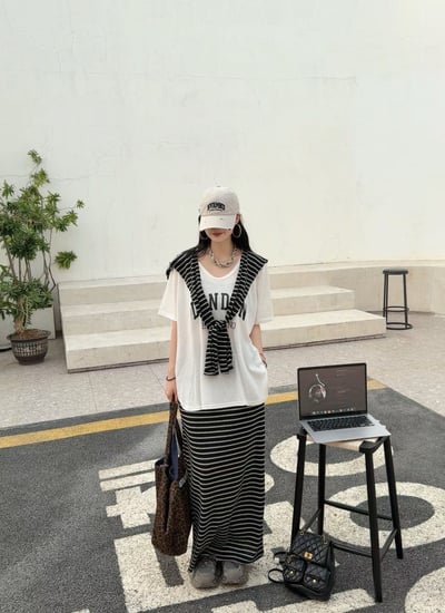 韓系條紋披肩長裙三件套5
